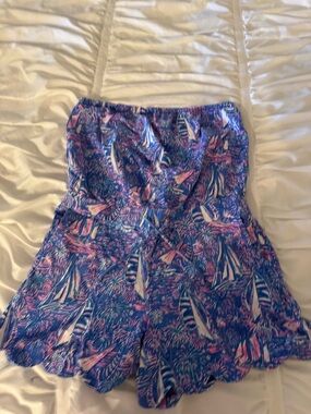Lilly Pulitzer Blue & Pink Firework and Sailboat Strapless Romper